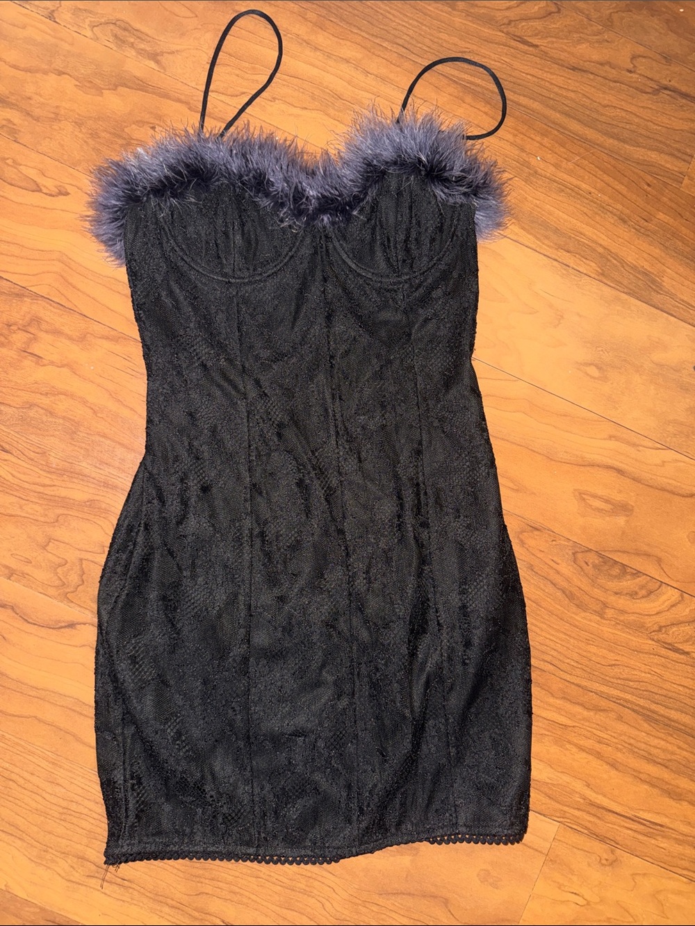 Black Lace Slip Dress with Feather Trim